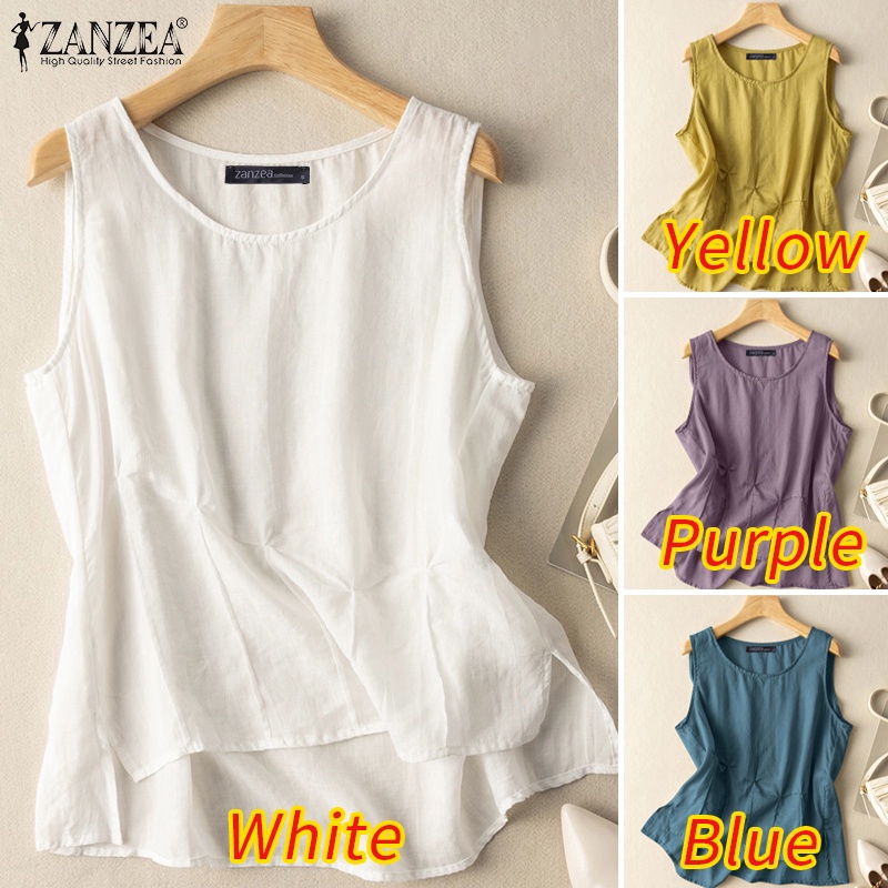 Áo sát nách ZANZEA cổ tròn xếp ly màu trơn phong cách cổ điển thời trang cho nữ