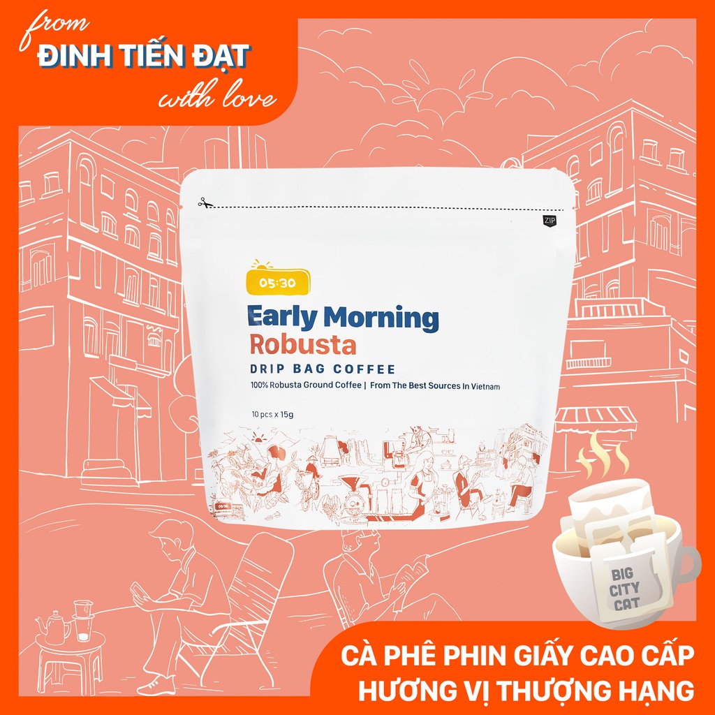 Cafe phin giấy robusta nguyên chất rang xay EARLY MORNING, cà phê phin túi lọc túi 10 gói