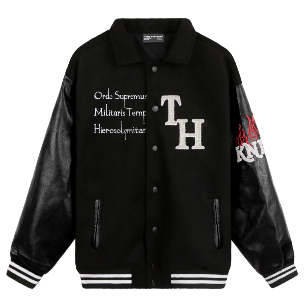 Áo Khoác Varsity Jacket Chất Liệu Dạ Tay Da Dày Dặn Cổ Bẻ Form Rộng Thoải Mái Unisex Hình Thêu Sắc Nét Màu Đen