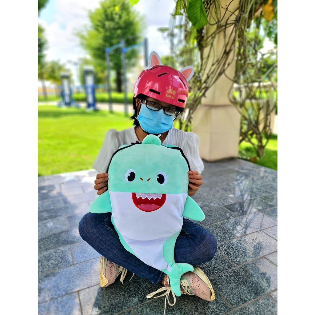 Balo cá mập nhung BABY SHARK màu xanh ngọc