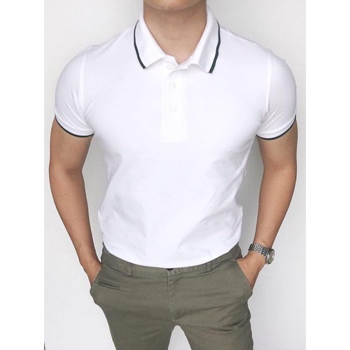 {LOẠI 1}Áo phông nam, ÁO POLO màu trắng phối viền cổvà tay dáng ôm body phong cách Hàn Quốc | BigBuy360 - bigbuy360.vn