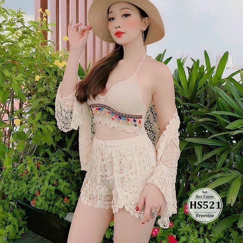 Set bikini lưới đi biển bigsize nữ 3 món - Quần + Áo + Áo khoác - size dưới 80kg - Đồ bơi bigsize 3 món -Trơn và Thổ Cẩm | BigBuy360 - bigbuy360.vn