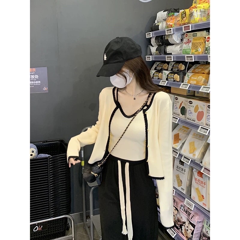 Set Áo Hai Dây + Áo Khoác Cardigan Dệt Kim Dáng Rộng Phong Cách Hàn Quốc Thời Trang Cho Nữ
