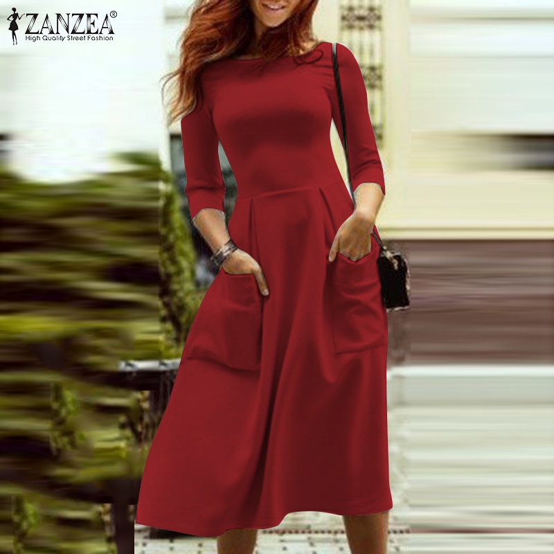 Đầm dài ZANZEA tay 3/4 thời trang tùy chọn màu sắc dành cho nữ