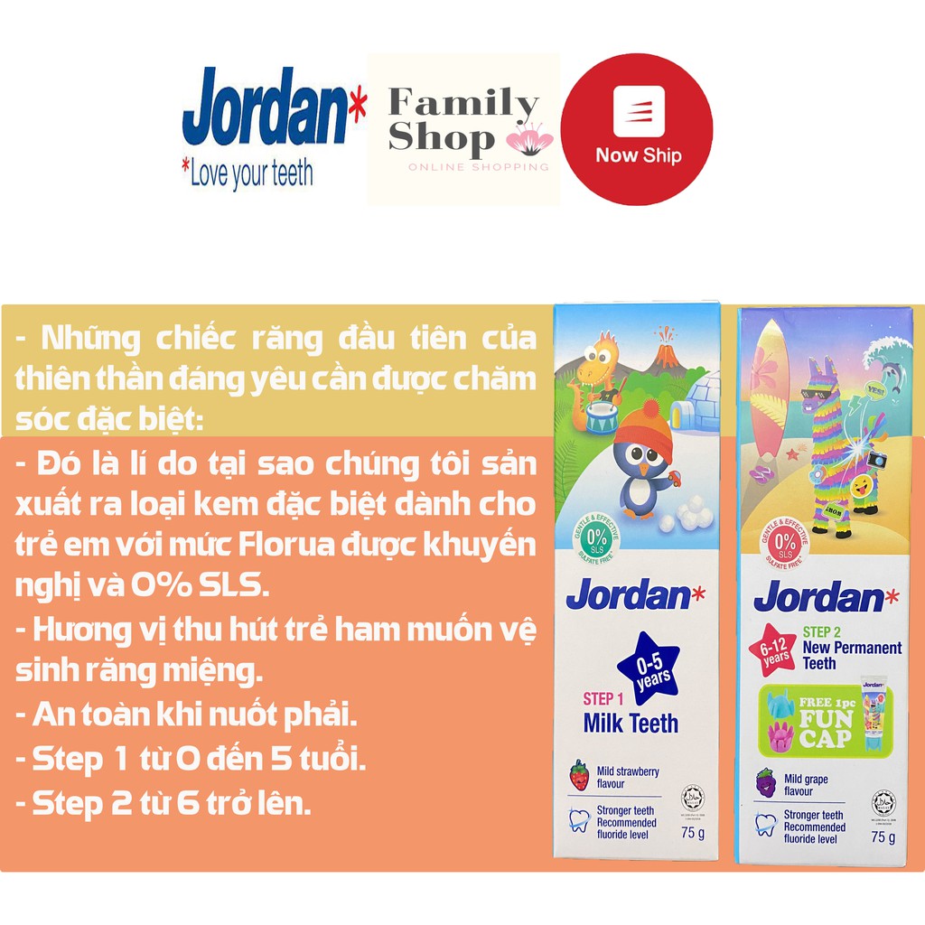 [Hàng Chính Hãng] Kem Đánh Răng Em Bé Jordan Step 1, Step 2 (75g)