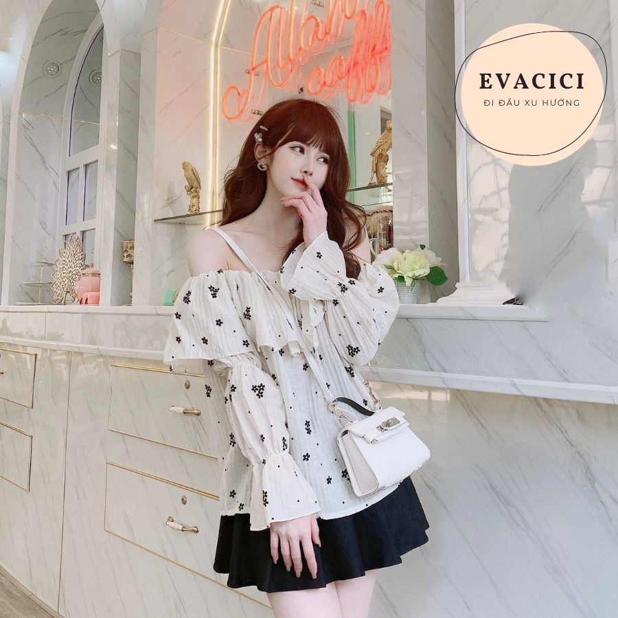 Áo croptop ulzzang trắng buộc dây cổ, áo croptop trễ vai dài tay xinh xắn