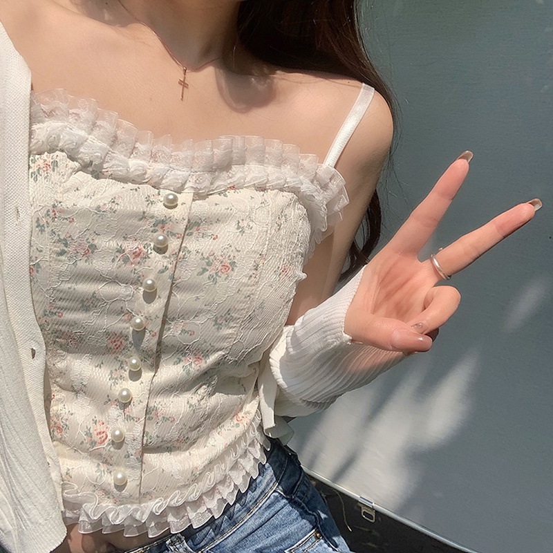Áo kiểu ZHELIHANGFEI hai dây nhún bèo phối ren phong cách mới quyến rũ thời trang dành cho nữ