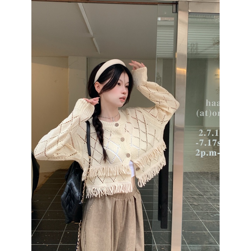 Áo Khoác cardigan Dệt Kim Thiết Kế Viền Rỗng Dáng Ngắn Thời Trang Cho Nữ