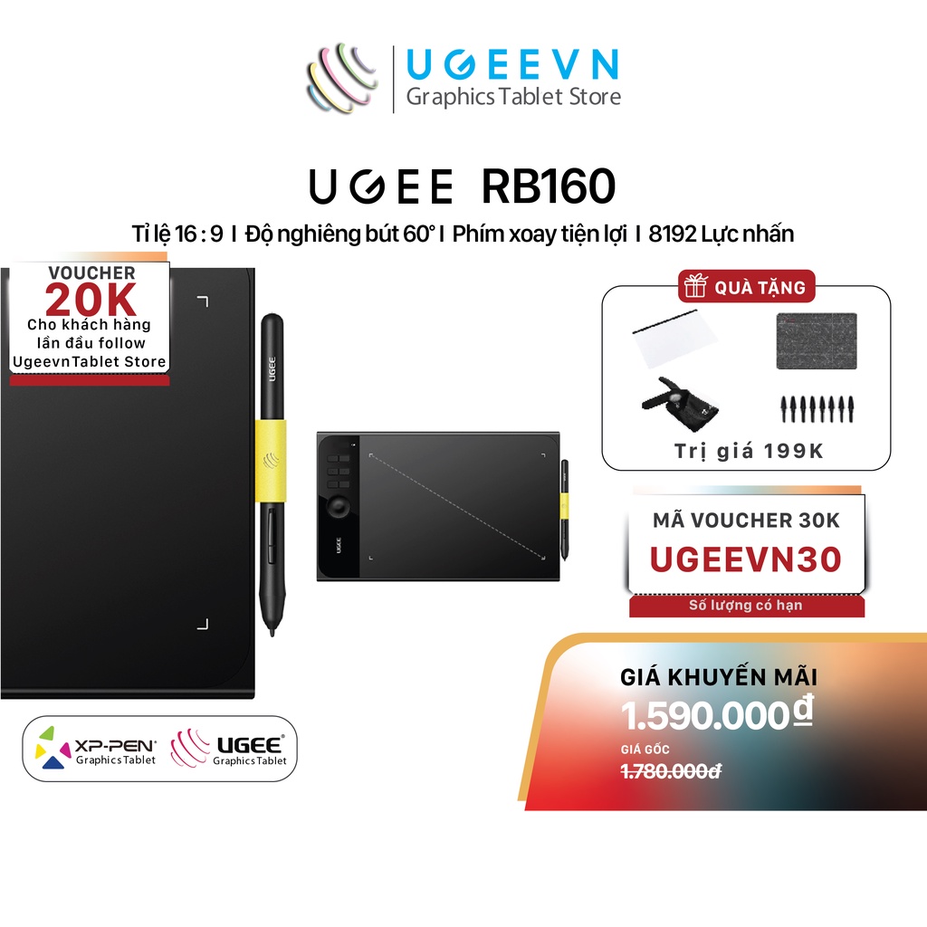 Bảng Vẽ Điện Tử Ugee RainBow 160 10x6 inch, Phím Xoay Dial, Lực Nhấn 8192 Chính Hãng