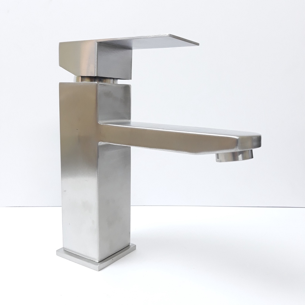 Vòi lavabo nóng lạnh inox 304 trụ vuông 18cm màu trắng mờ đặc trưng của inox phay cao cấp, sang trọng, lịch lãm