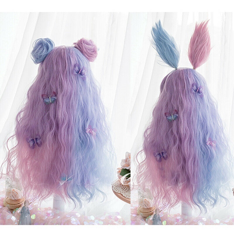 Bộ tóc giả xoăn dài nhuộm màu ombre hồng/ xanh dương dài 65cm đẹp mắt cao cấp