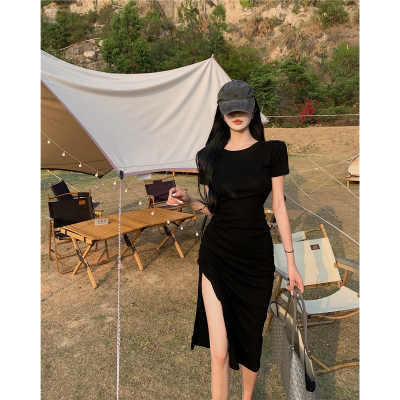 DUNEA Đầm Midi Tay Ngắn Màu Trơn Thiết Kế Xẻ Tà Bên Hông Thời Trang Cho Nữ 3.8