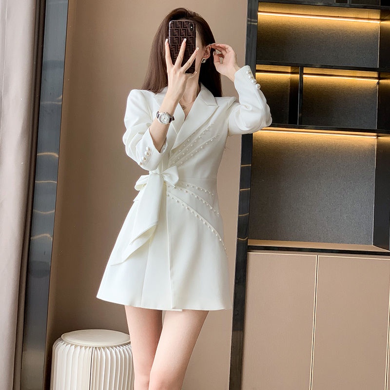 New High-quality Temperament Long-sleeved Suit Dress for Women, Simple Long-sleeved White Dresss