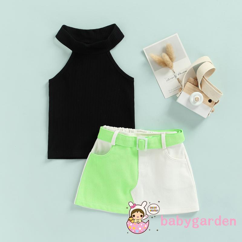 Bộ Áo Dệt Kim Không Tay Màu Trơn + Chân Váy Ngắn Màu Sắc Tương Phản Kèm Thắt Lưng Dành Cho Bé Gái 2-7 Tuổi