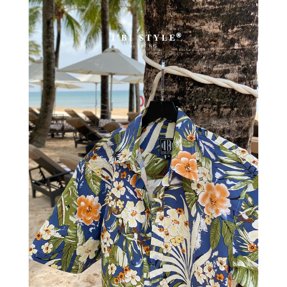 Áo sơ mi tay ngắn linen hoa xám/xanh