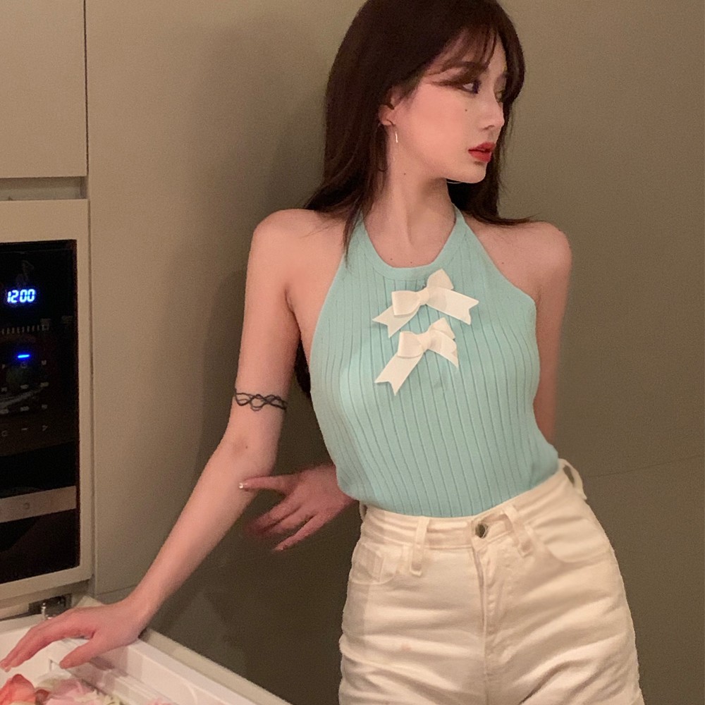Áo cổ yếm hai nơ trước ngực chất dệt kim cao cấp gân đũa -ACN31