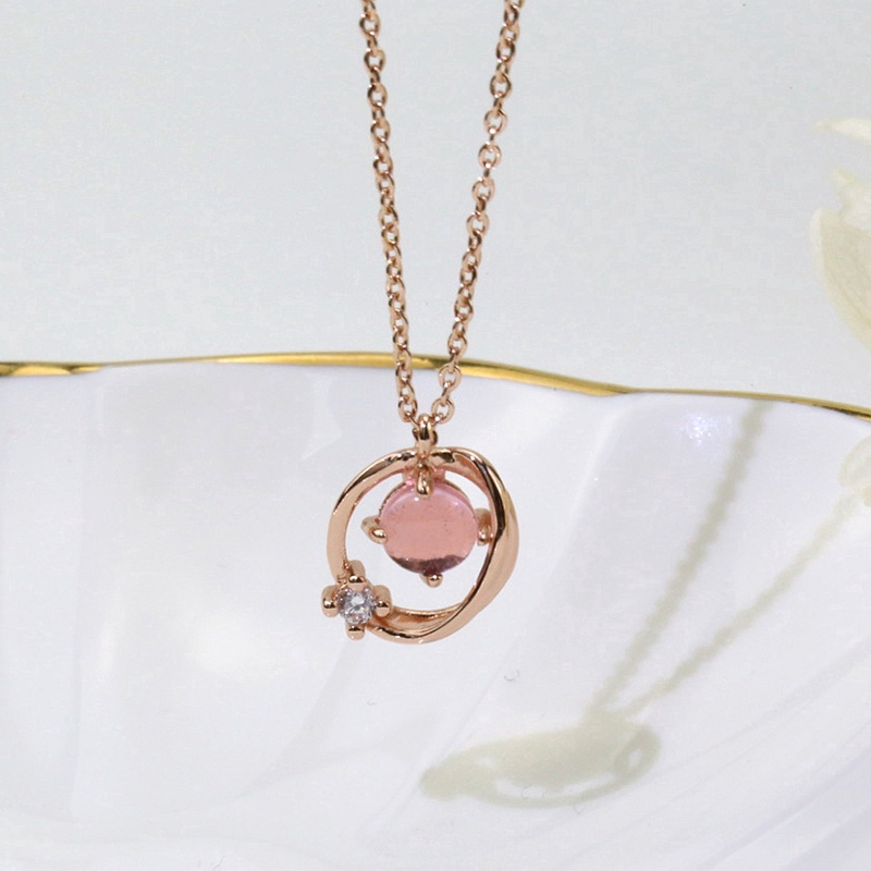 MANYUE Vòng Cổ Tinh Tế Của Phụ Nữ Pink Crystal Gemstone Pendant Rose Gold Necklace
