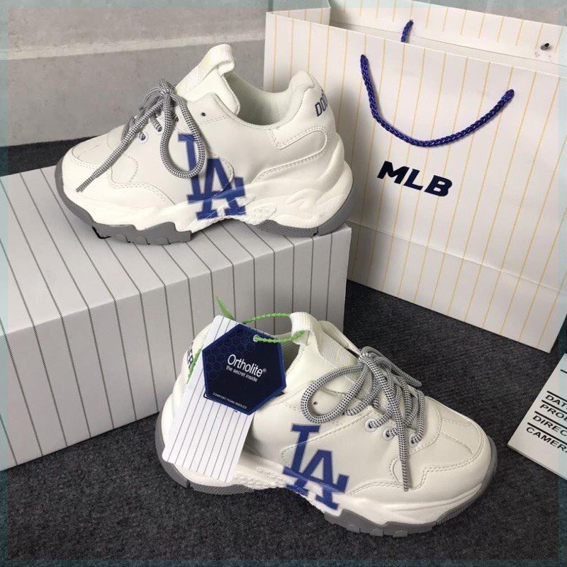 Giày MLB LA chữ xanh rep 1:1 full bill box, Giày Sneaker ulzzang thể thao nam nữ cổ thấp đế độn 4cm tăng chiều cao N55