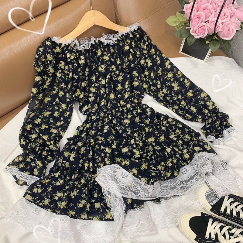 Đầm hoa bẹt vai viền ren