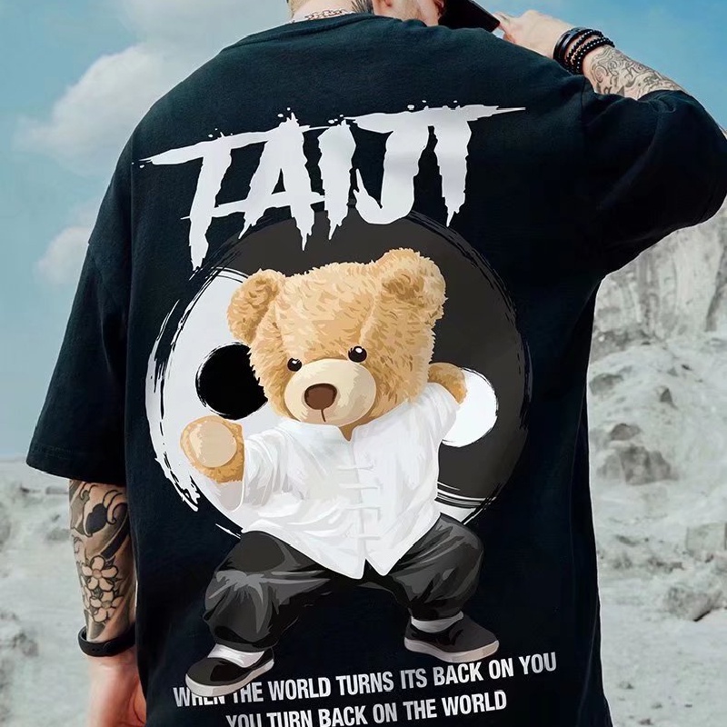 Áo Thun Tay Ngắn Dáng Rộng In Họa Tiết Hoạt Hình Chú Gấu Phong Cách Hip Hop Đường Phố Hàn Quốc Thời Trang Mùa Hè Cho Nam Và Nữ M-8XL