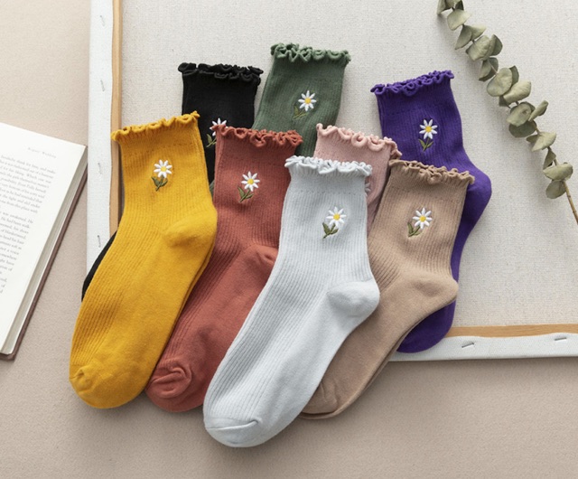 Tất cổ cao thêu hoa cúc Retro phối giày oxford vintage kiểu Nhật cô gái ulzzang retro sinh viên nữ vớ trơn cotton