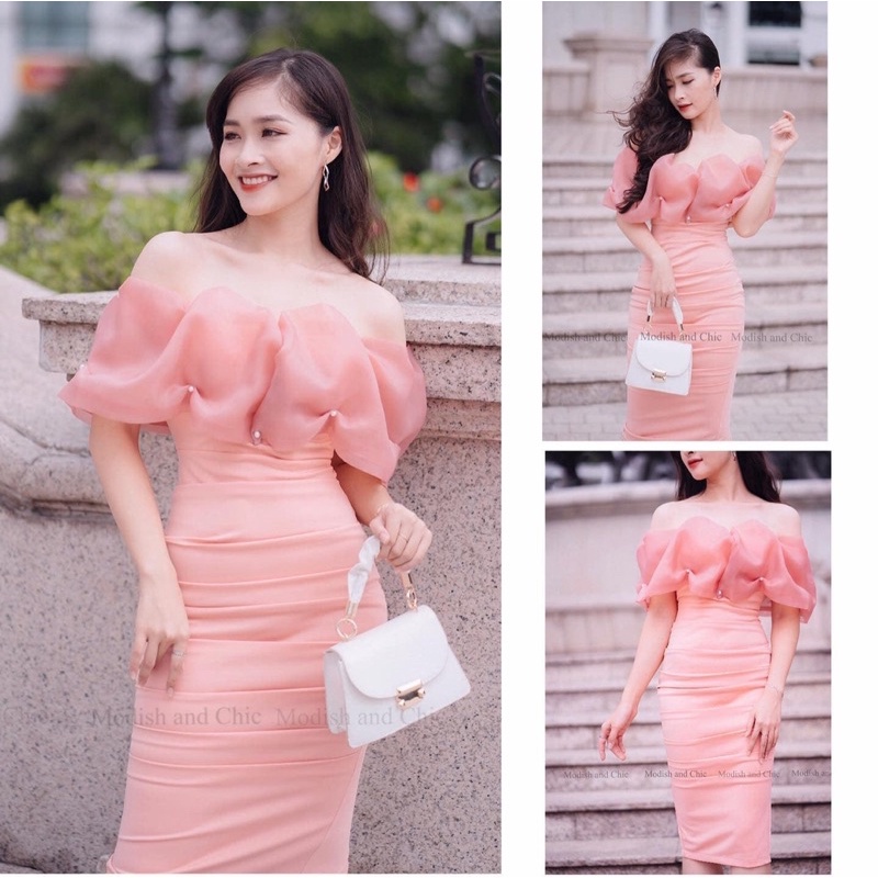 Đầm dự tiệc nữ body cao cấp cúp ngực tay trễ hồng, tiểu thư sang chảnh | BigBuy360 - bigbuy360.vn