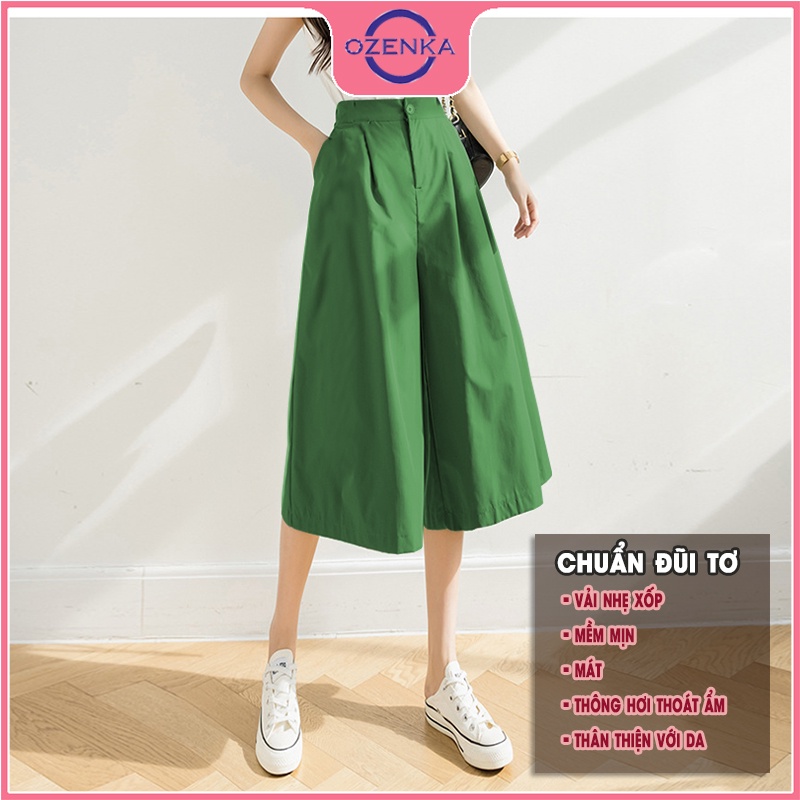 Quần lửng cạp cao ống rộng nữ OZENKA , quần lỡ giả váy đũi tơ mặc đi chơi mặc ở nhà siêu mát màu đen rêu