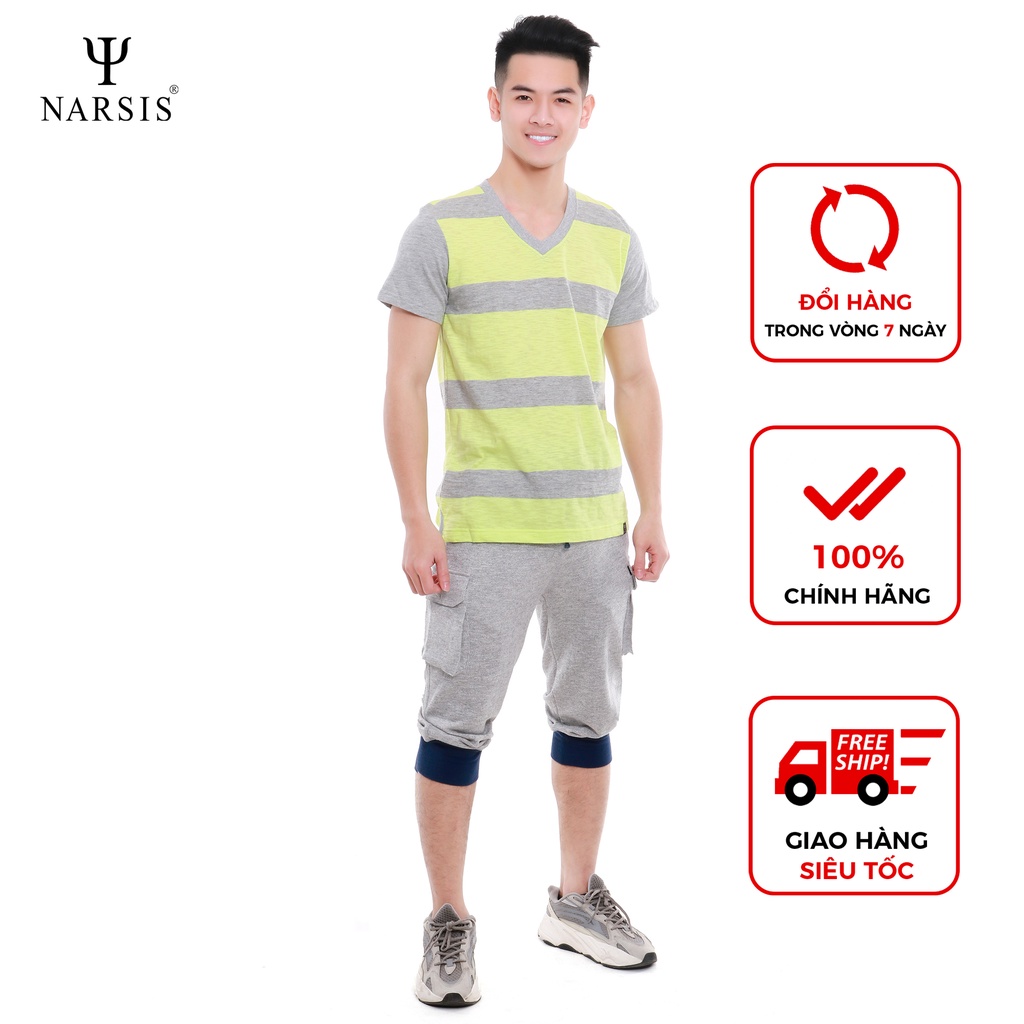 Áo cộc nam cổ tim tay ngắn Narsis D5031 màu kẻ vàng ghi