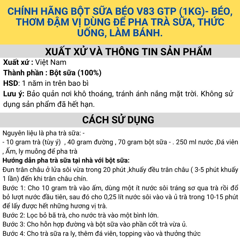 Bột sữa béo V83 GTP Chính hãng (1KG)- Béo, thơm đậm vị nguyên liệu pha trà sữa