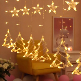 (Cắm Điện) Rèm Led Thả Hình Cây Thông Và Ngôi Sao Dài 3 Mét, Màu Vàng, Có Phích Nối Trang Trí Noel, Quán Cafe, Nhà Hàng