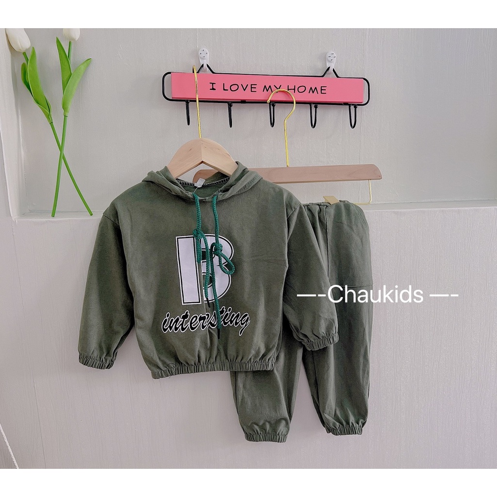 Bộ quần áo thu đông bé trai, Sét bộ quần áo cotton khô hoodie B- INTERESTING quần ông bo khỏe khoắn cho bé