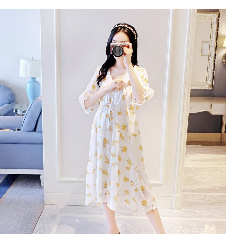 Đầm Bầu Vải Voan In Hoa Kiểu Hàn Quốc Thời Trang