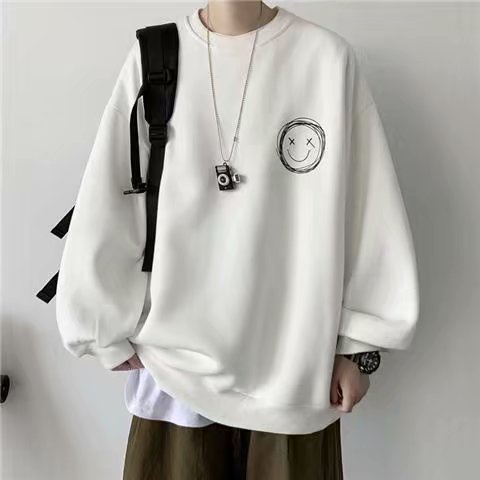 Áo sweater cổ tròn form rộng in hình mặt cười
