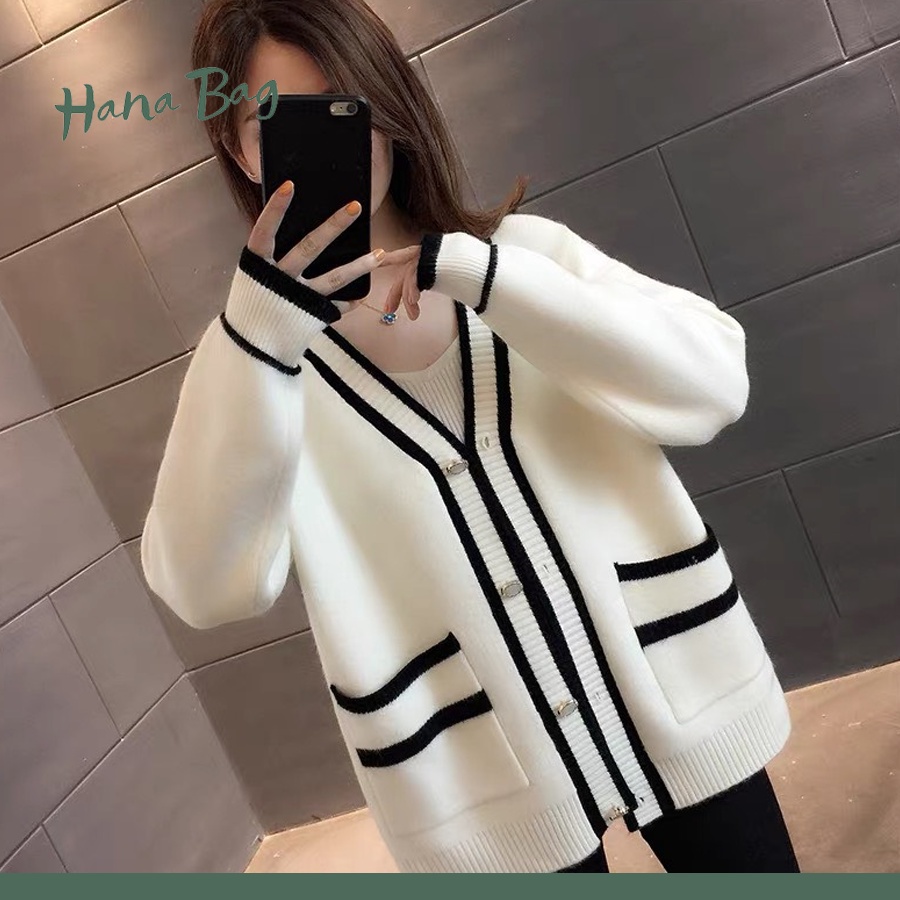 Áo cardigan nữ oversize, áo khoác ngoài loại 1 có viền sọc trắng đen chất liệu len dày đặn | BigBuy360 - bigbuy360.vn
