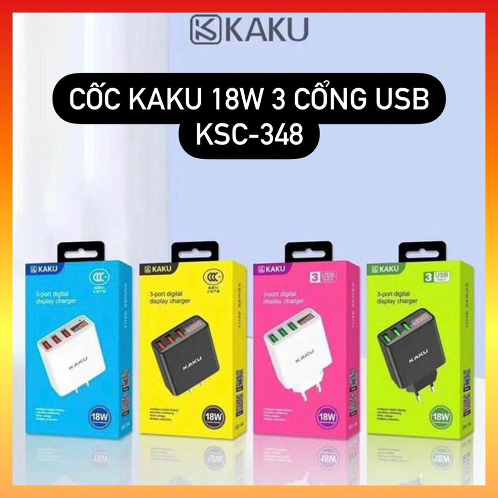 CỐC SẠC NHANH KAKU 3 CỔNG USB 18W CÓ HIỂN THỊ ĐÈN LED BÁO DÒNG ĐIỆN DÀNH CHO MỌI THIẾT BỊ KSC-348