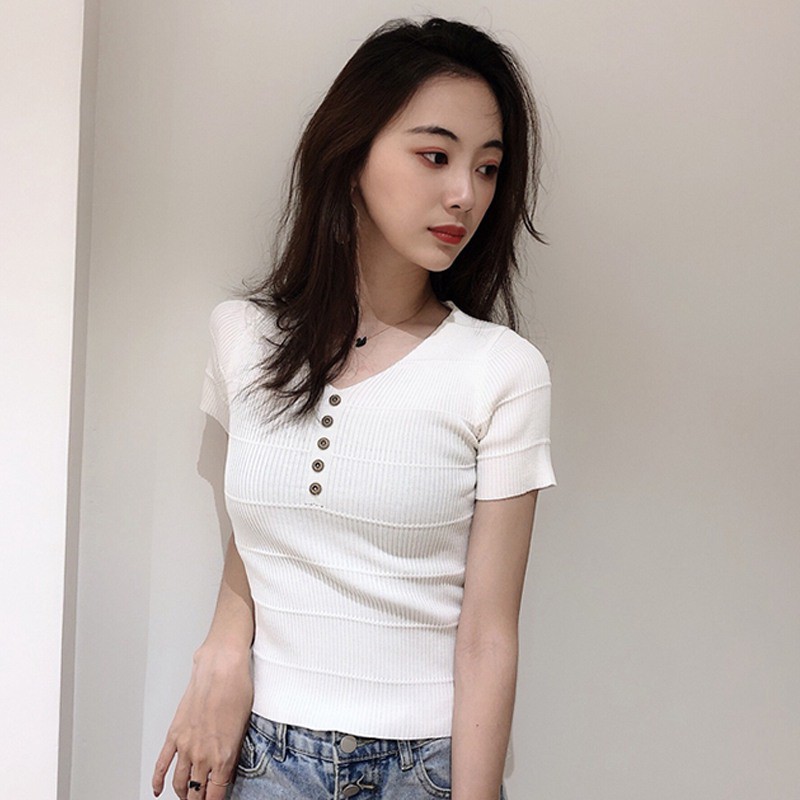 [Baywellfashion]Freeship từ 50K - Áo dệt kim tay ngắn phối nút thiết kế cổ chữ V quyến rũ | BigBuy360 - bigbuy360.vn