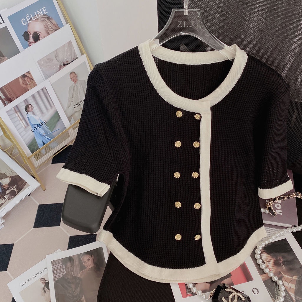 Áo Cardigan Tay Ngắn Hai Hàng Nút Đôi Phong Cách Hàn Quốc Chất Lượng Cao