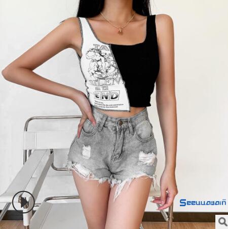 SEE-Women´s Sexy Tank Top, Fashion Letter Print Color Block Sleeveless Rib Knit Crop Top