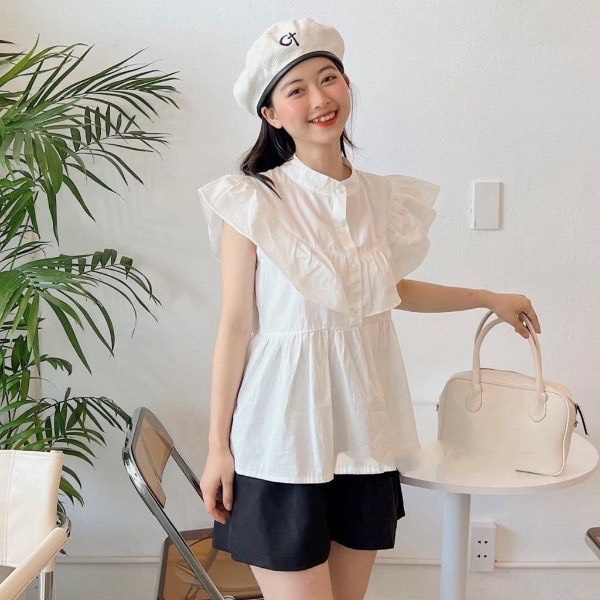 Áo cộc sơ mi cổ trụ- cộc tay- dáng babydoll màu trắng tiểu thư. MET SHOP