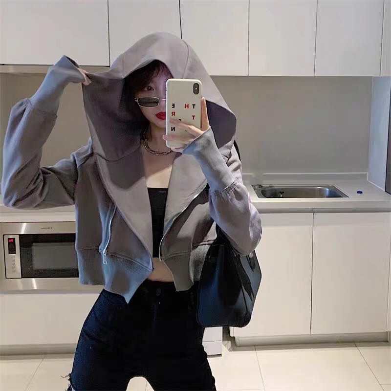 Áo khoác form croptop ngắn tay dài có dây kéo nón mũ trùm đầu ulzzang ( 2 màu )