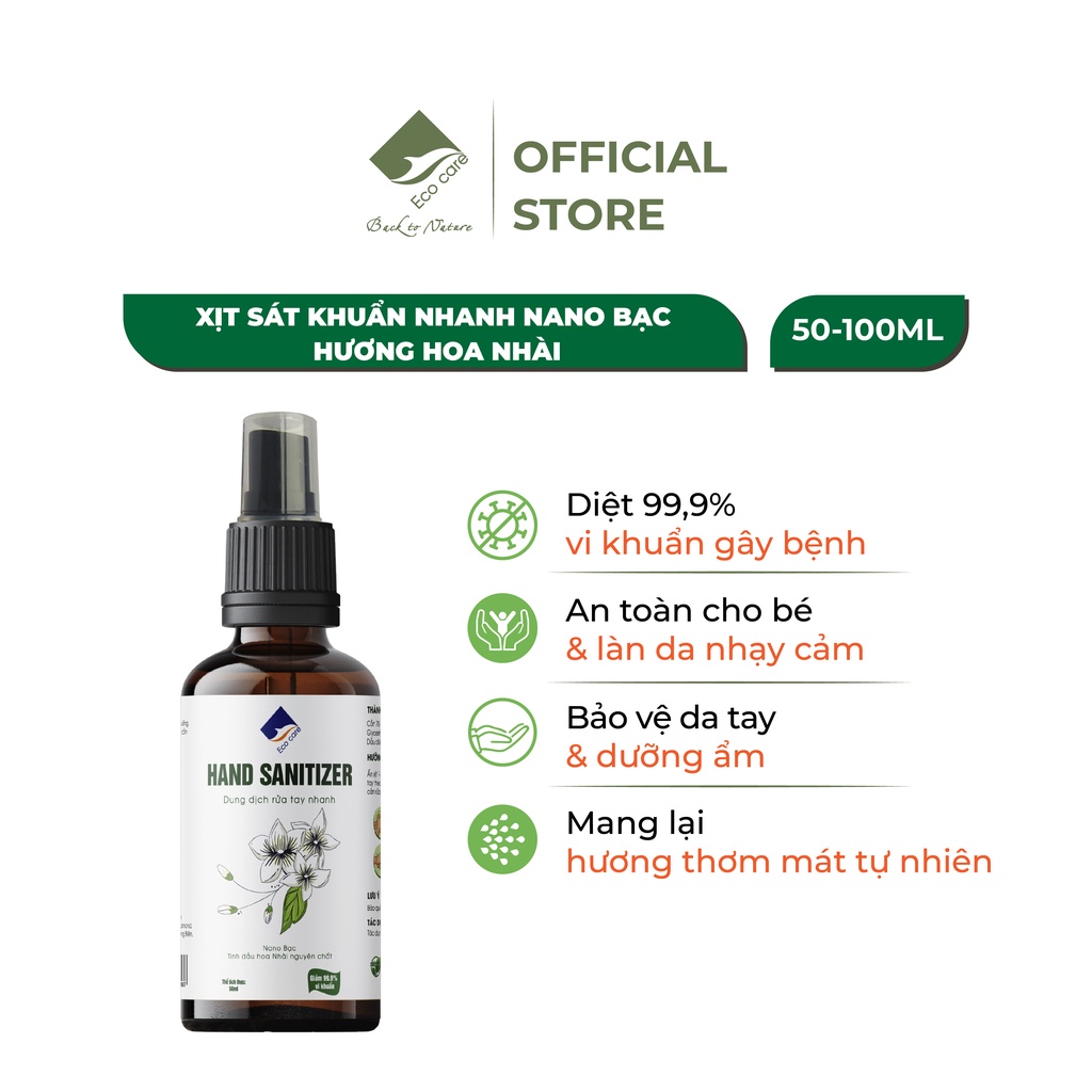 Xịt sát khuẩn nhanh Hoa nhài Ecocare 50-100ml, giúp làm sạch và diệt khuẩn
