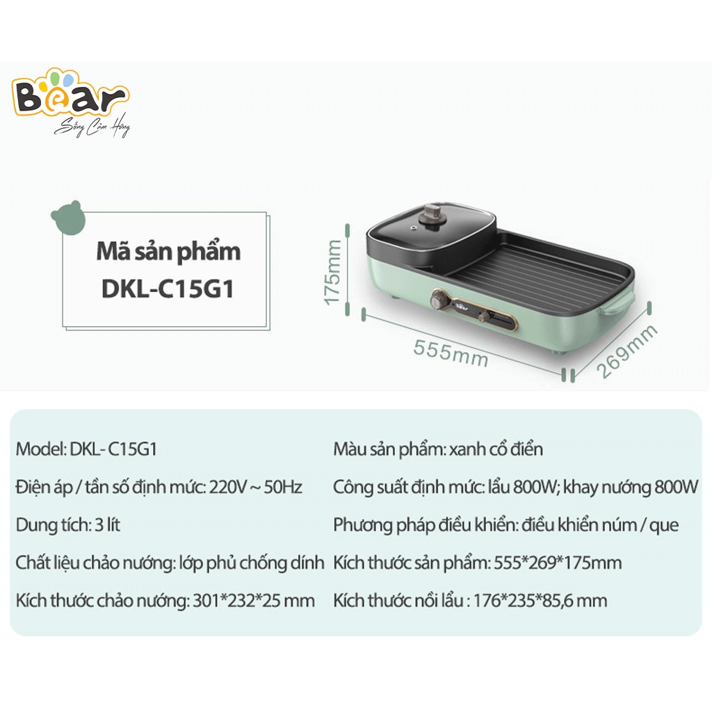 Nồi Lẩu Nướng Điện Mini Đa Năng BEAR SU004 _Bản Quốc Tế_Bếp Nướng Lẩu Mini Gia Đình,1600W_Bảo Hành 18 Tháng