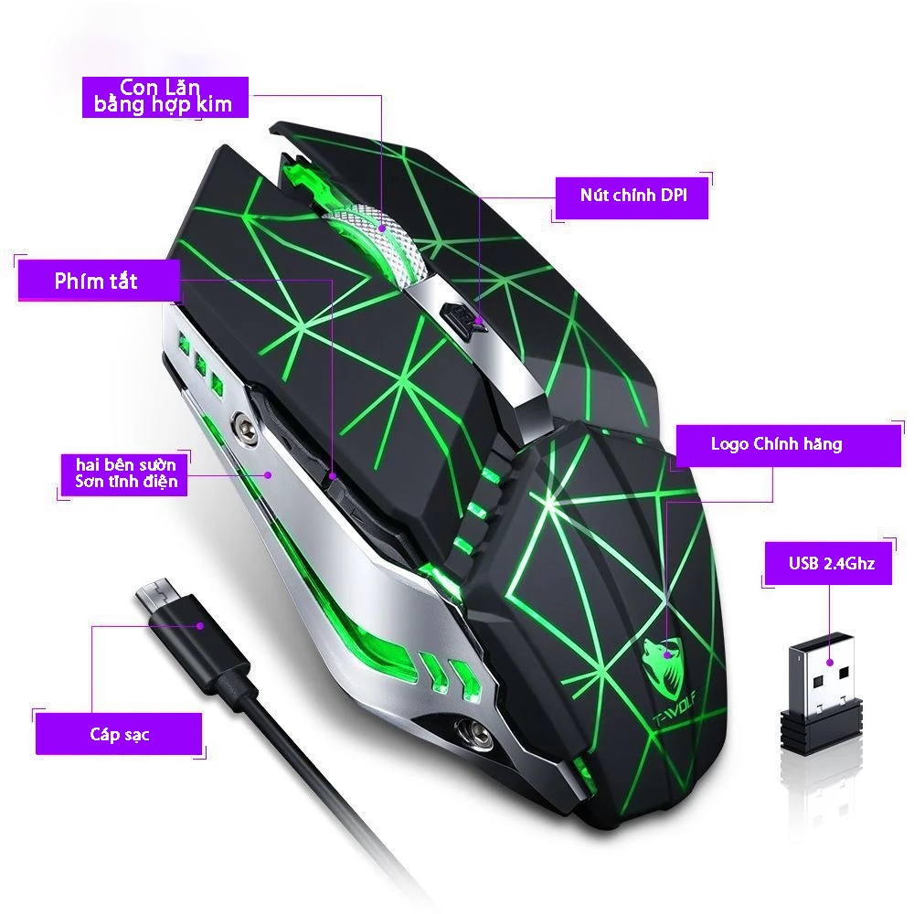 Chuột Không Dây Gaming Cao Cấp Q15 có đèn LED tự động đổi màu,có thể sạc lại, kết nối 2.4GHZ chuyên game