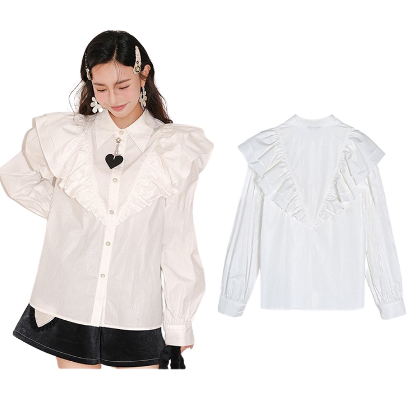 Áo sơ mi trắng nữ cổ bèo 2 tầng kiểu tay bồng tiểu thư form rộng vải thô mềm nút ngọc đi chơi đi làm trẻ trung ASM05