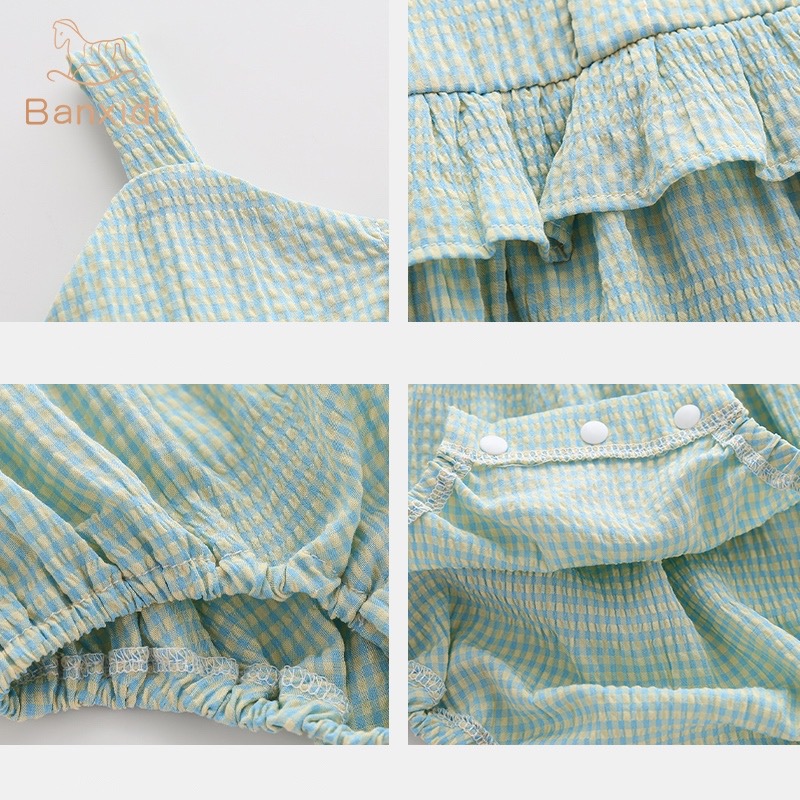 Set Áo Liền Quần Caro Kèm Băng Đô Xinh Xắn Cho Bé Gái