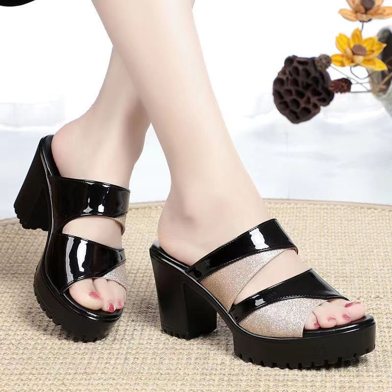 Giày cao gót, Dép cao gót 2 quai đính kim tuyến cao 7cm