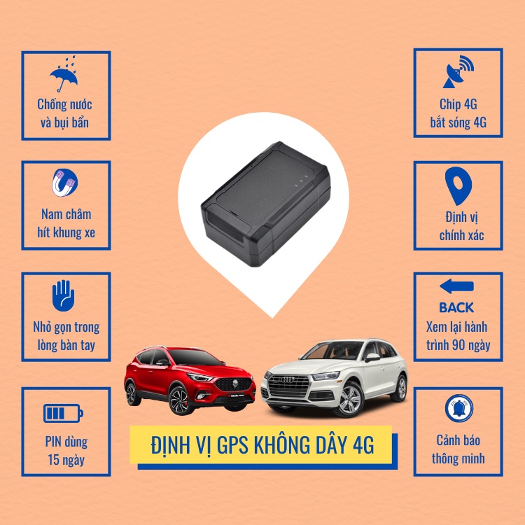 Định vị xe ô tô không dây chip 4G bắt sóng 4G mới PIN dùng 15 ngày nghe âm thanh báo rõ vị trí xe 24h trên smartphone