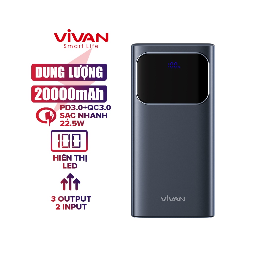 Pin dự phòng sạc nhanh VIVAN VPB-C20 Xanh 20000mAh Hiển thị đèn LED PD+QC3.0 22.5W- bảo hành 12 tháng