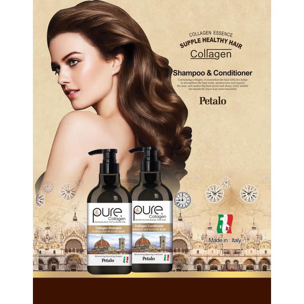 Bộ Gội Xả Pure Collagen Petalo Ý 850ml, Phục hồi hư tổn, Giảm rụng, mọc tóc