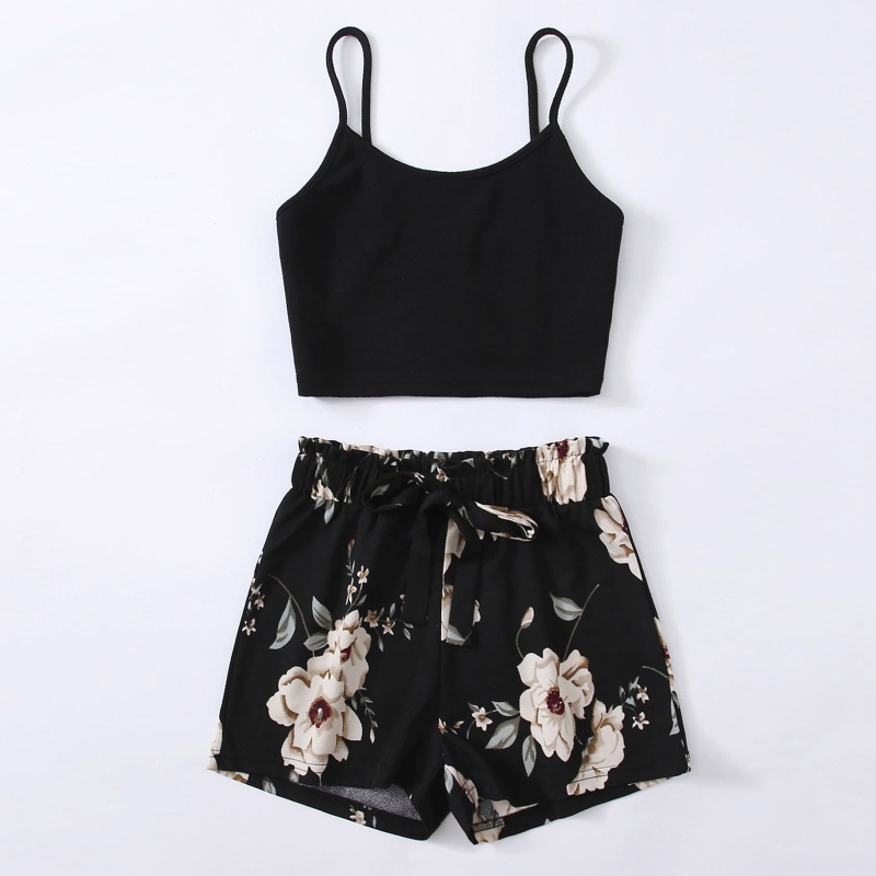 Bộ Áo Croptop Hai Dây 2 Dây + Quần Sooc Ống Rộng In Họa Tiết Hoa Thời Trang Mùa Hè Cho Nữ